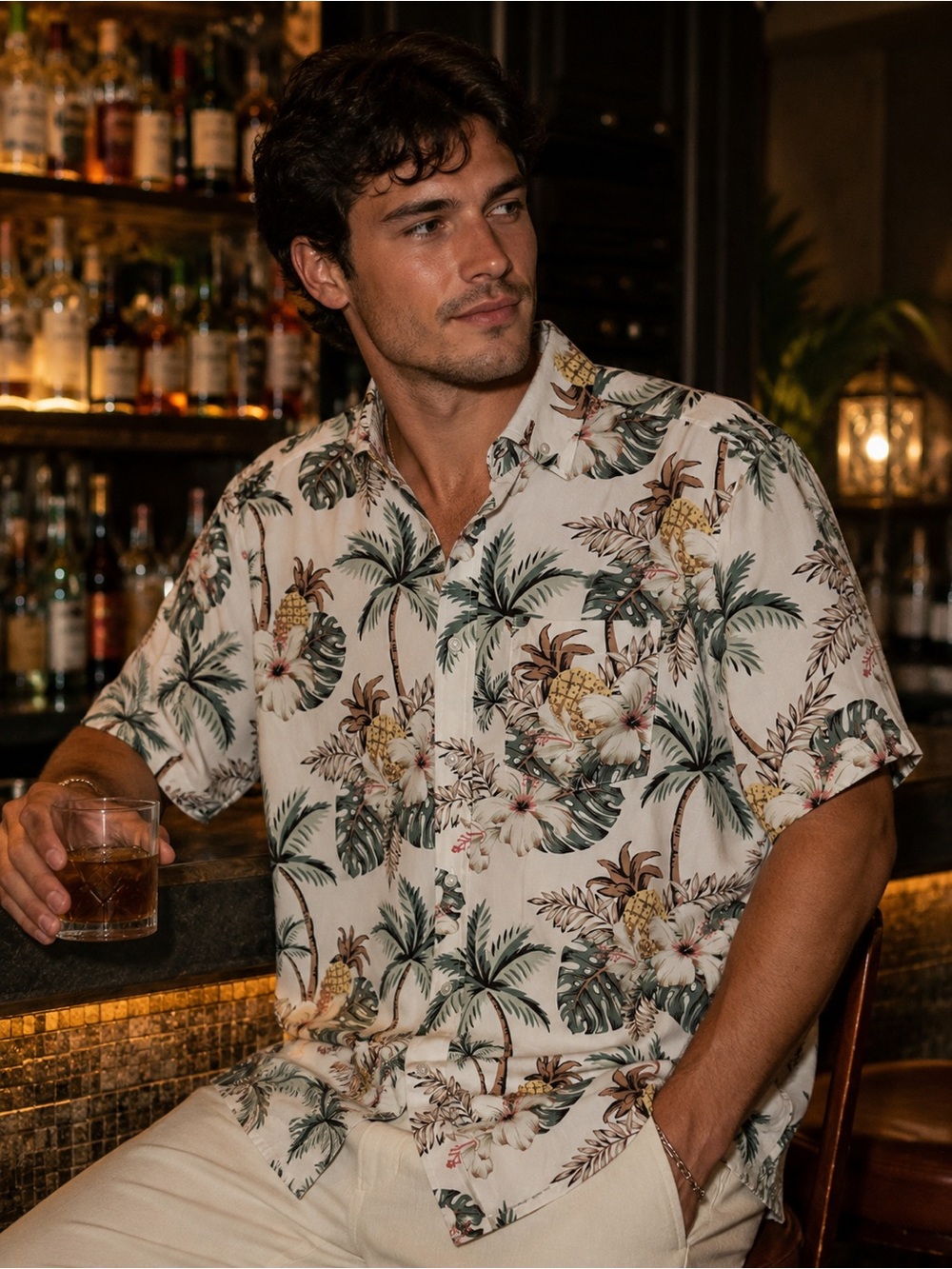 Men's Cream Tropical Print Short-Sleeve Button-Down Shirt